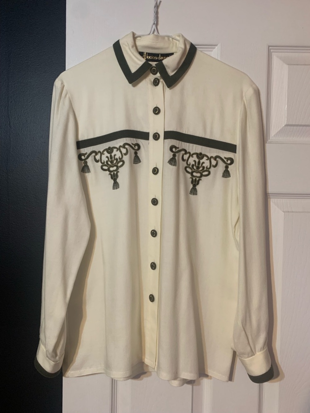 Lucien Daunois Vintage Embroidered Contrast-Trim Button Down Shirt Cream/Olive